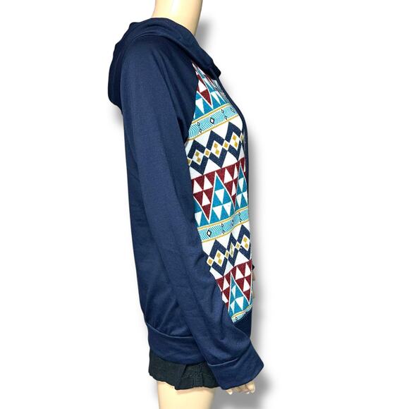 PS Kate Womens Hoodie Lightweight Hooded Sweatshirt Pullover Geo Print Medium - Picture 2 of 8